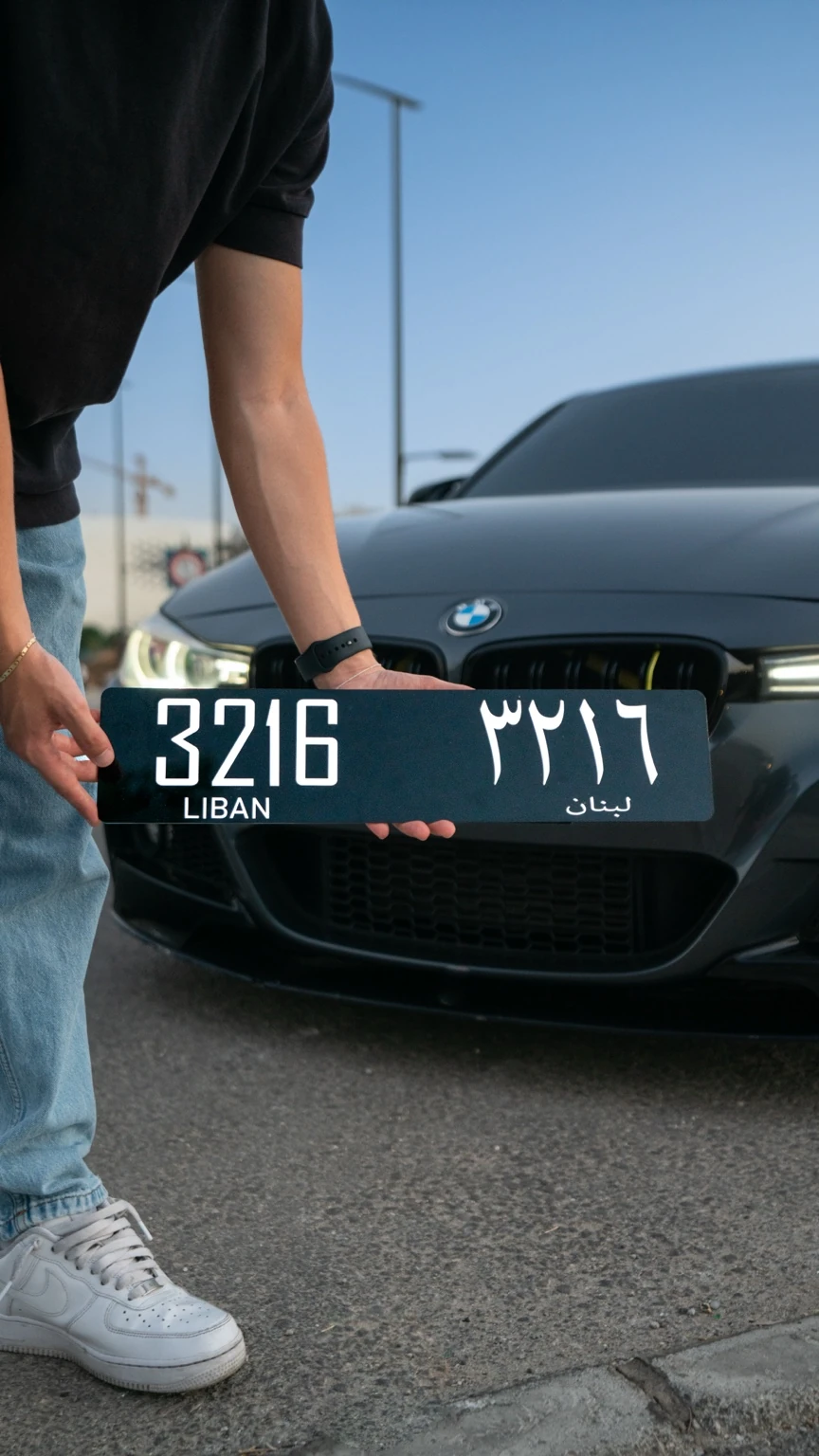 Lebanese style plate held in front of a BMW